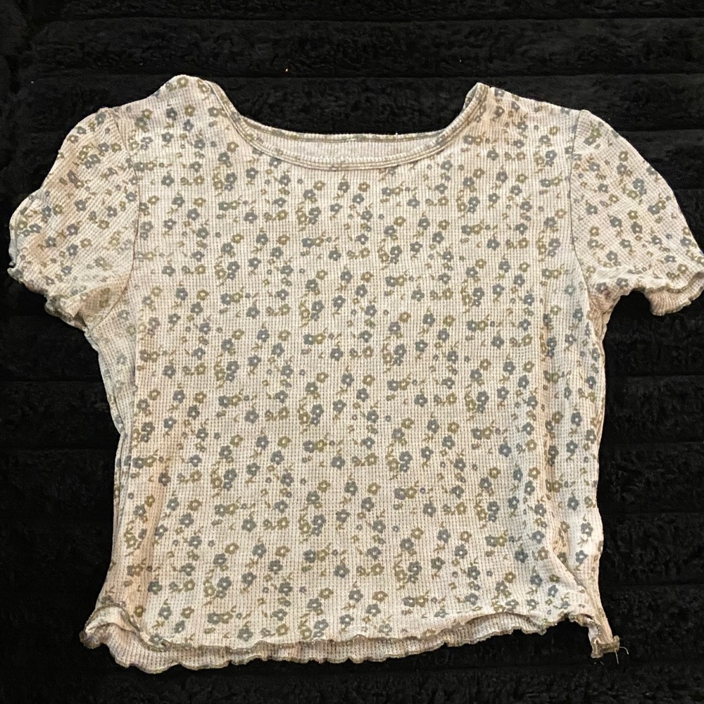 American Eagle Outfitters Floral Short Sleeve Tee - Cream and Gray
